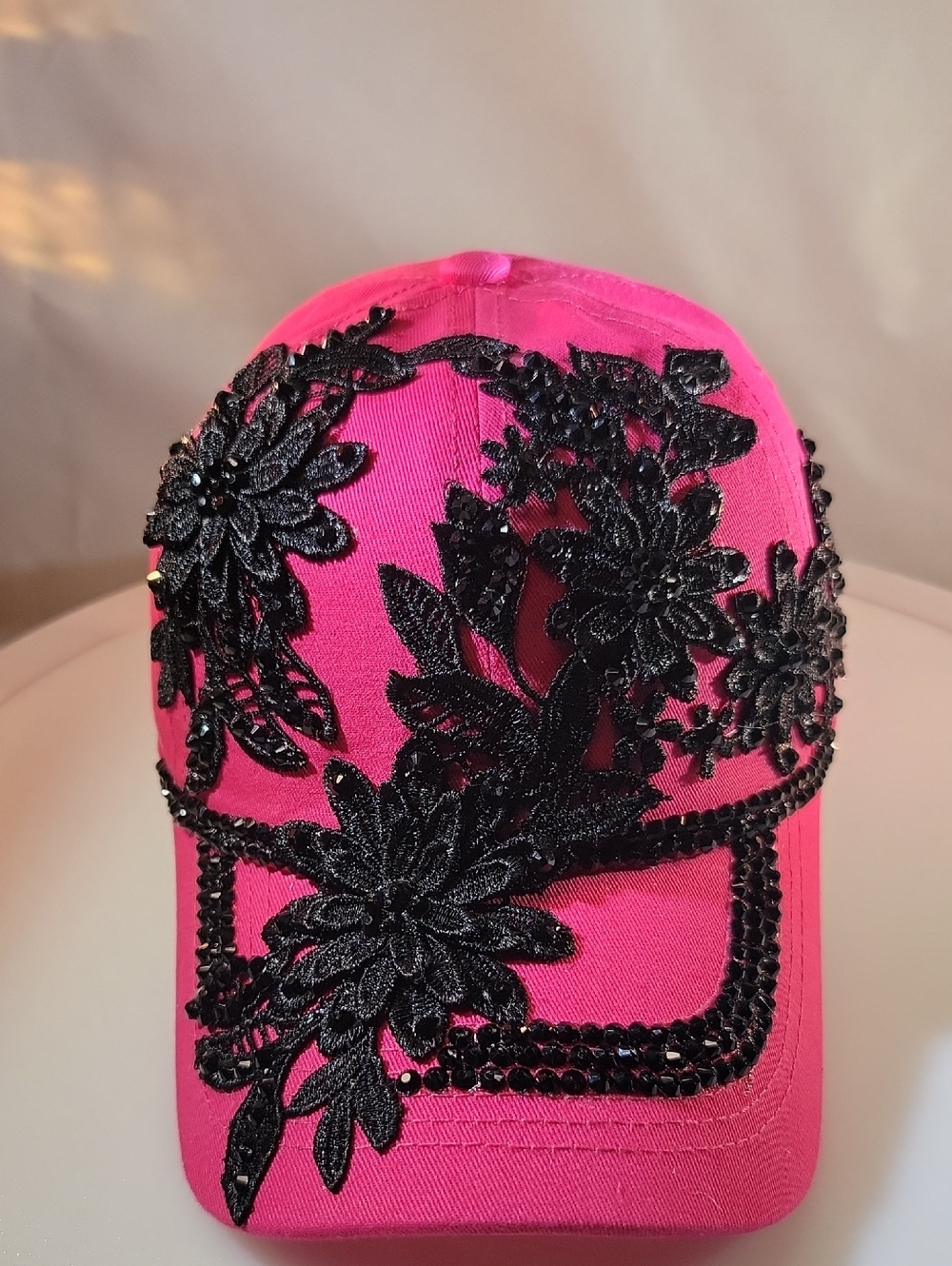Hot Pink Beaded Floral Lace Baseball Cap